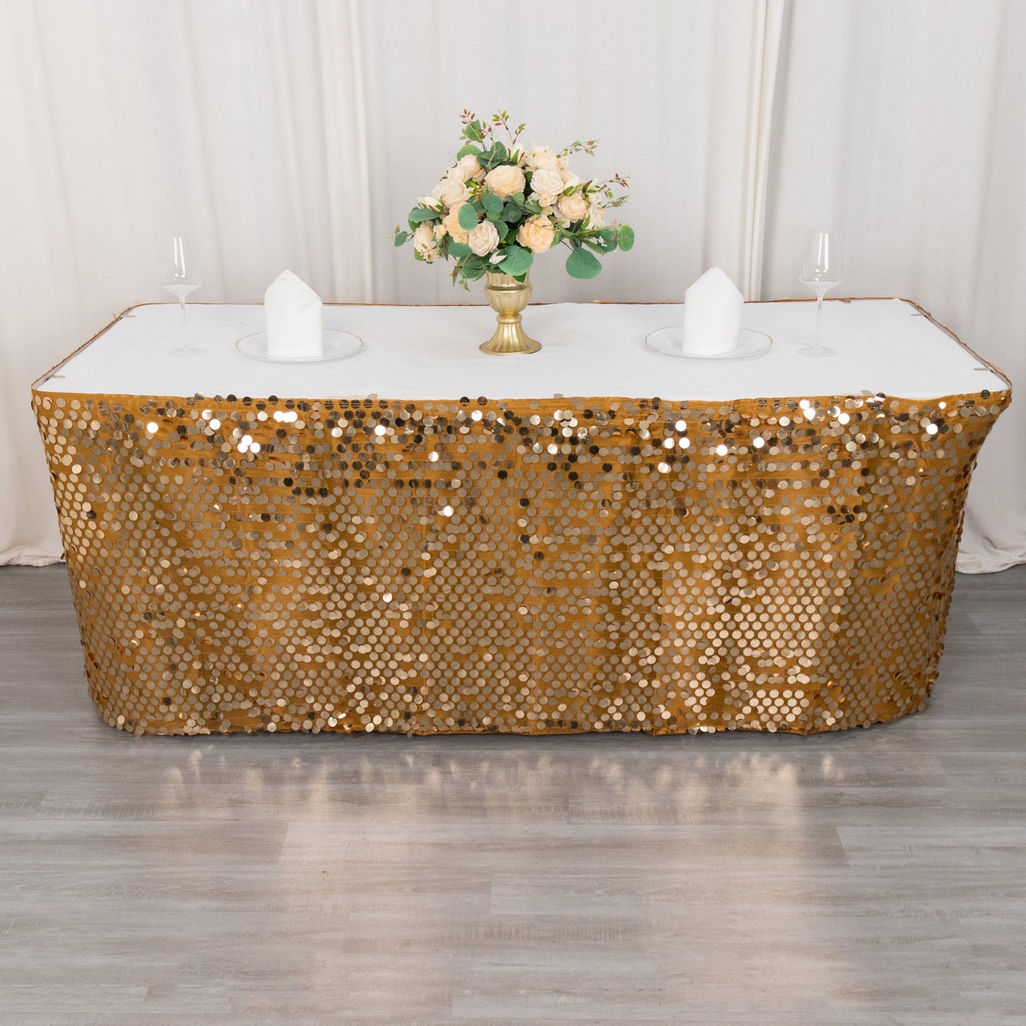 21ft Gold Big Payette Sequin Dual Layered Satin Table Skirt