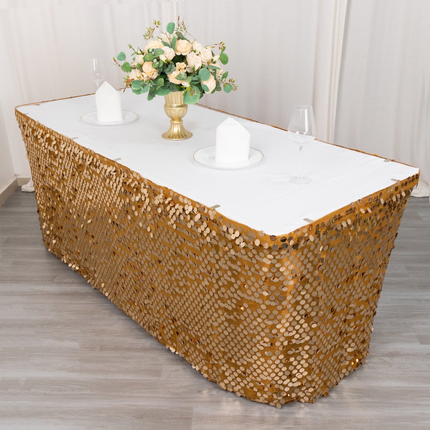 21ft Gold Big Payette Sequin Dual Layered Satin Table Skirt