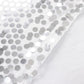 Silver sequin table skirt with dual-layered satin finish.