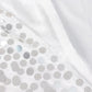 Silver sequin table skirt with dual layered satin design.