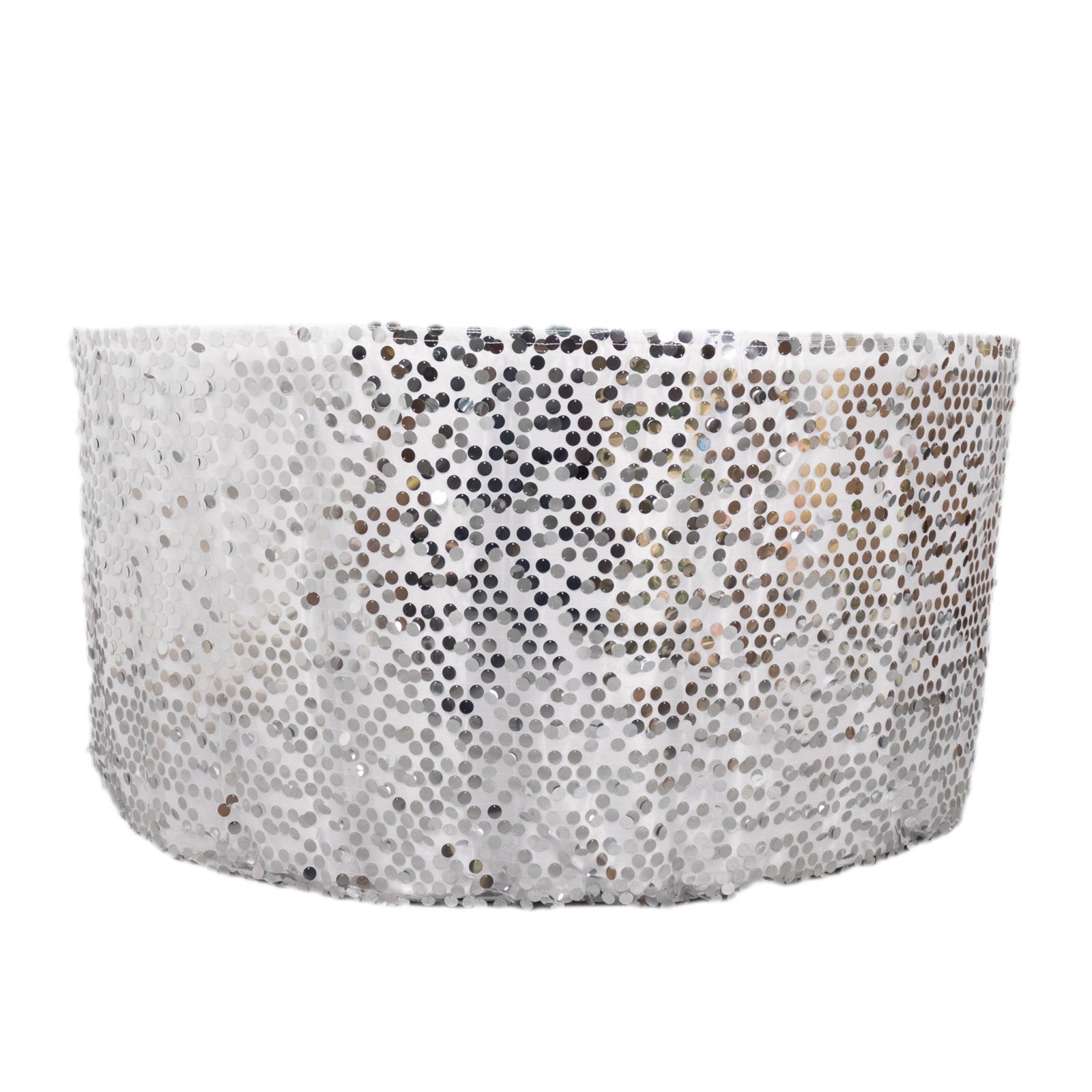 Silver sequin table skirt with dual layered satin finish, 21ft long.