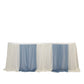 Dusty Blue table skirt with white sheer accents for elegant event decor.