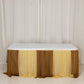 Gold table skirt with layered fabric drapes for elegant event decor.