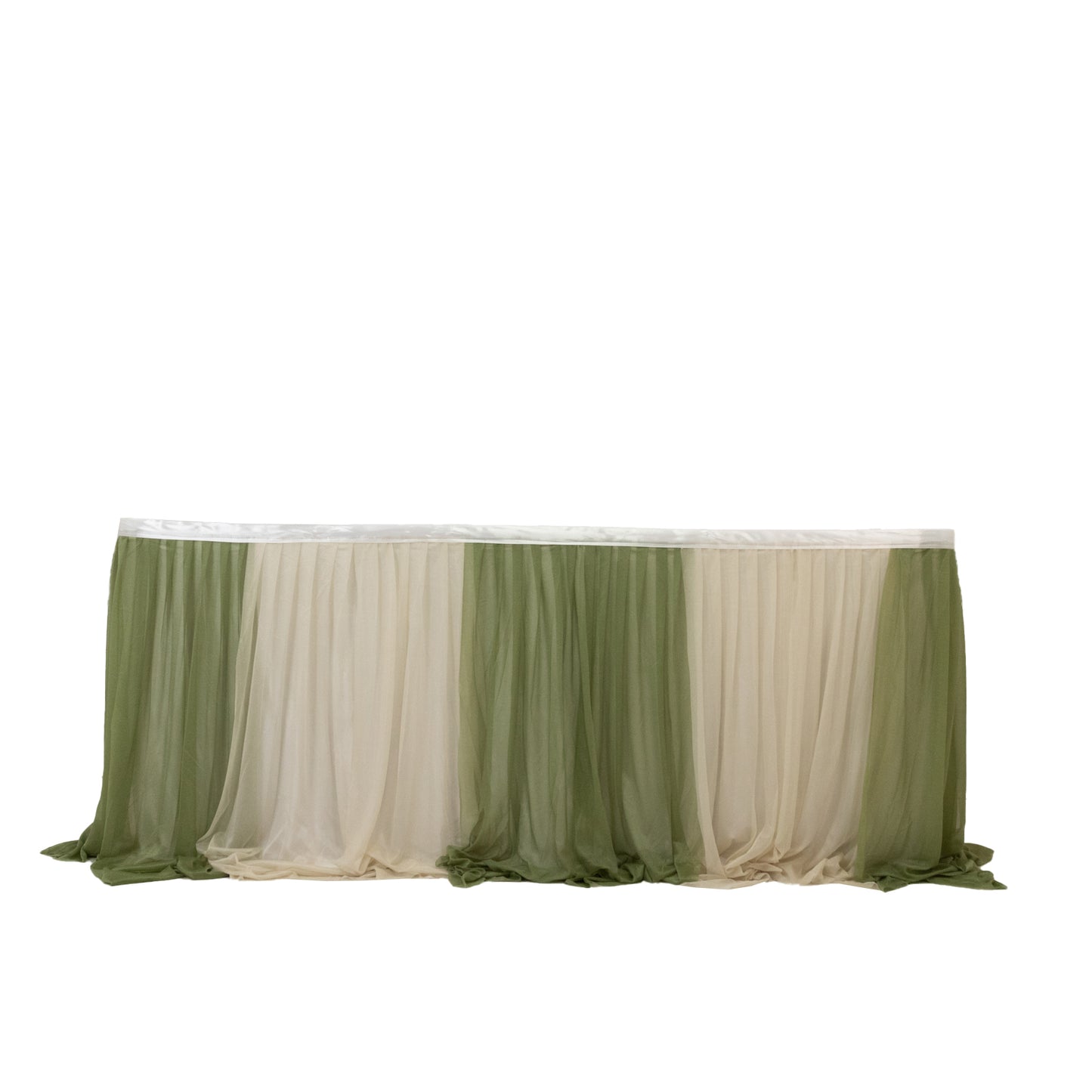Dusty Sage draped table skirt for elegant event decor.
