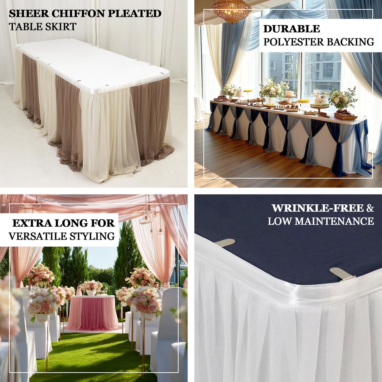 14ft Sheer Pleated Ruffle Skirting Chiffon Table Skirt - Shimmer Sheer, Wrinkle-Free Fabric