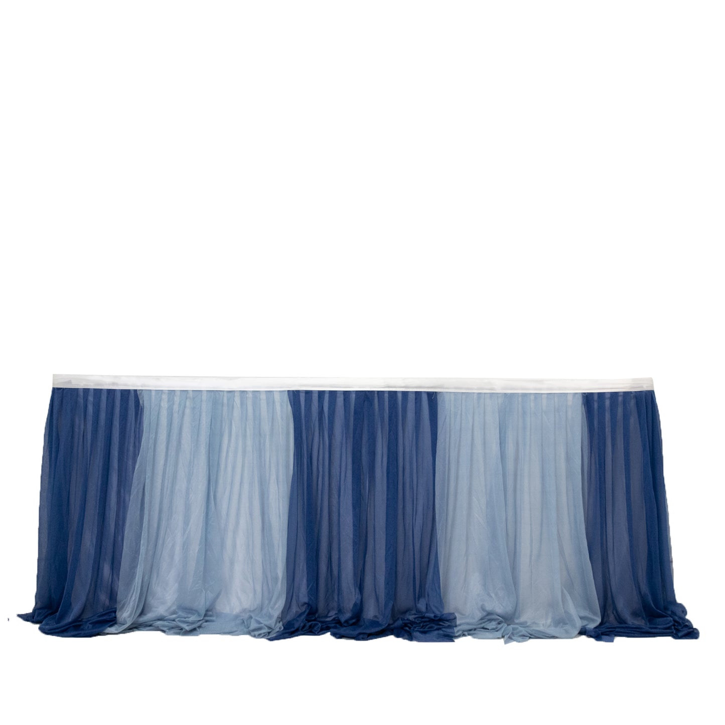 Navy blue and dusty blue sheer pleated ruffle table skirt.