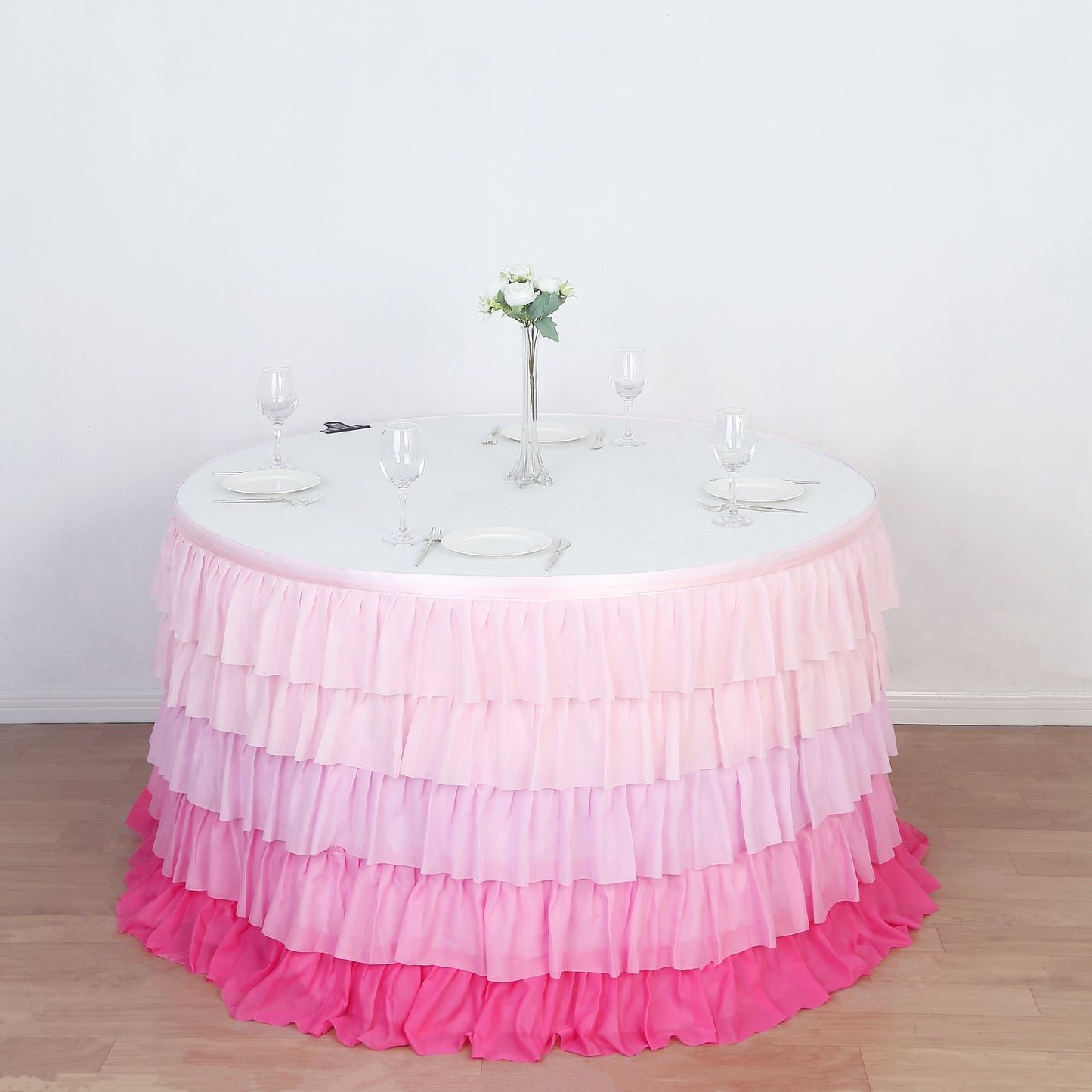 14ft Ombre Pink Chiffon Ruffled Tutu Table Skirt with Satin Backing