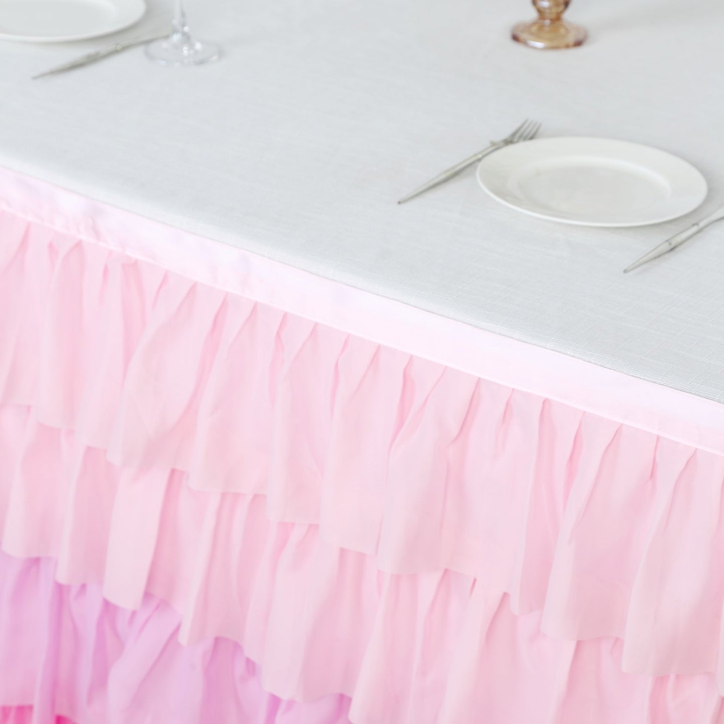 14ft Ombre Pink Chiffon Ruffled Tutu Table Skirt with Satin Backing