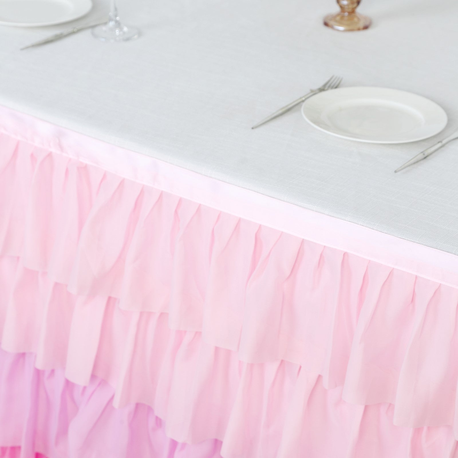 14ft Ombre Pink Chiffon Ruffled Tutu Table Skirt with Satin Backing