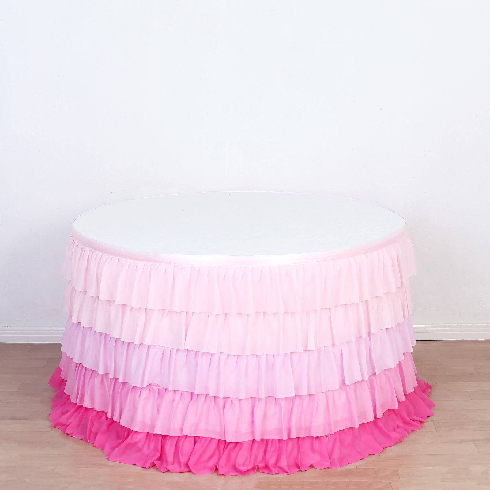 14ft ombre pink chiffon ruffled tutu table skirt with satin backing