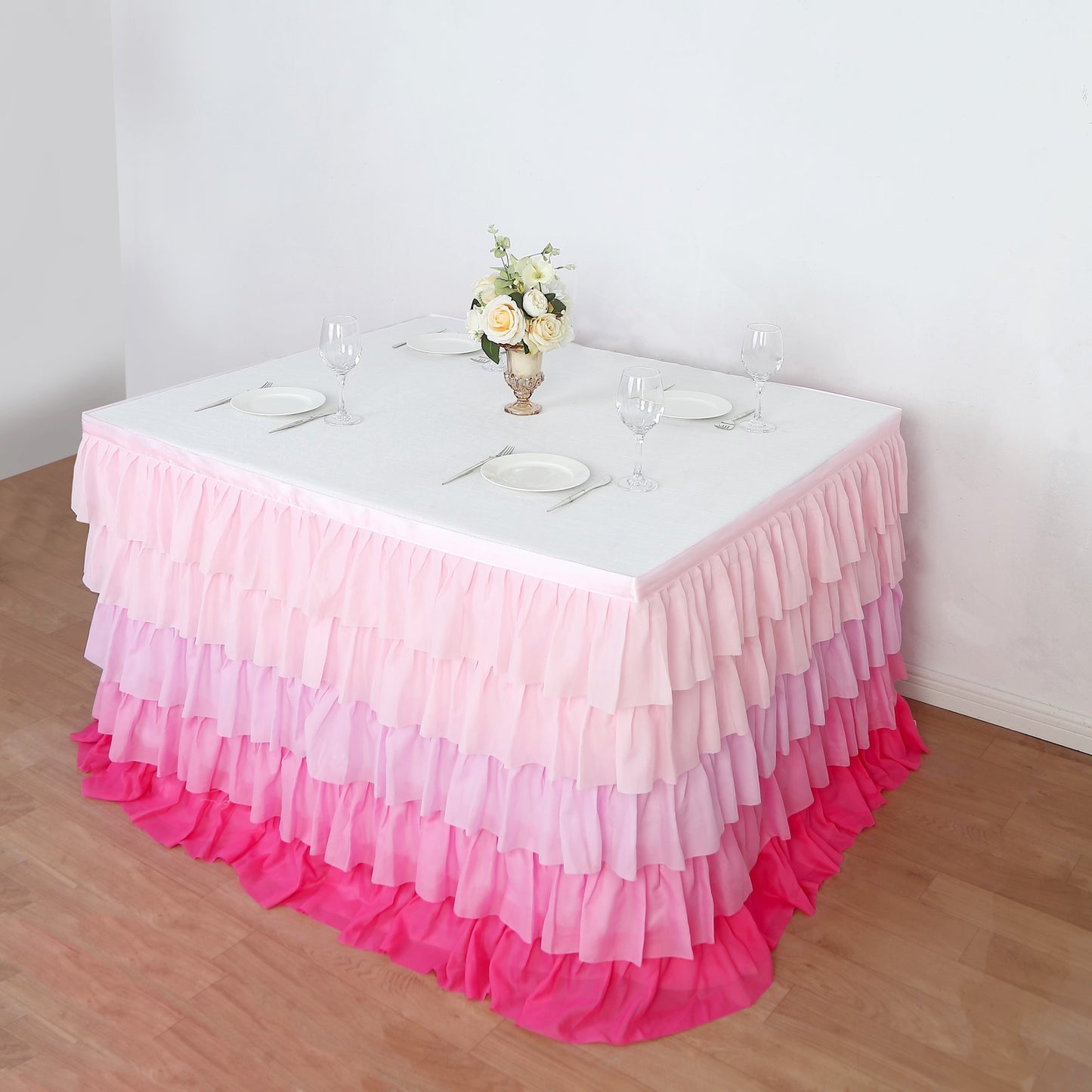 14ft Ombre Pink Ruffled Tutu Table Skirt with Satin Backing