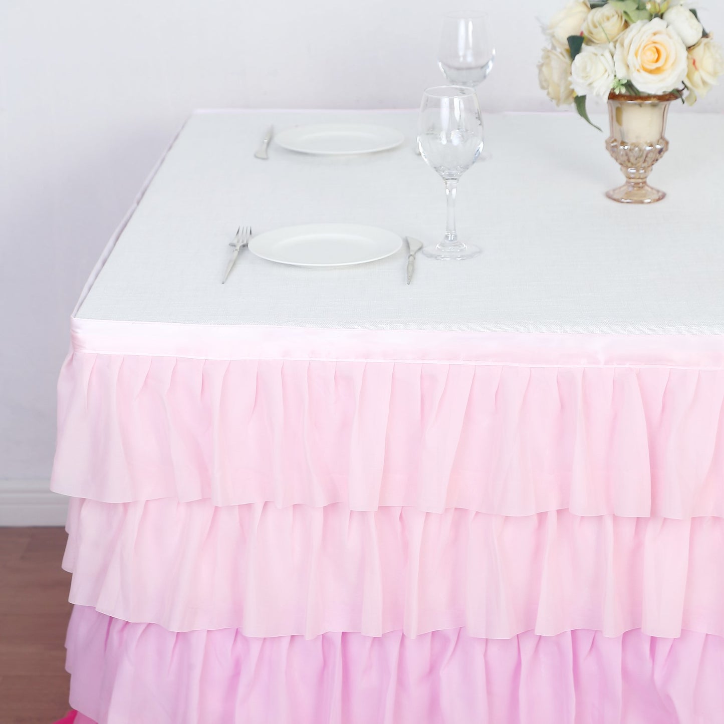 14ft Ombre Pink Chiffon Ruffled Tutu Table Skirt with Satin Backing