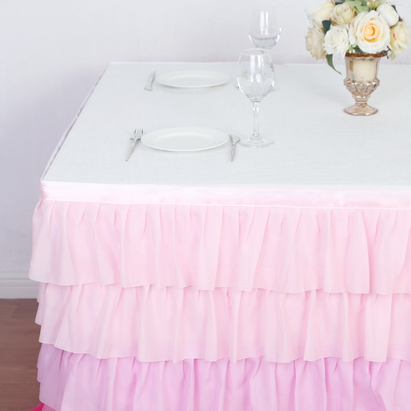 14ft Ombre Pink Chiffon Ruffled Tutu Table Skirt with Satin Backing