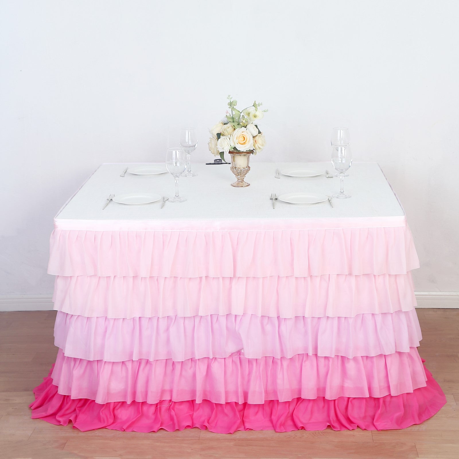 14ft Ombre Pink Ruffled Tutu Table Skirt with Satin Backing