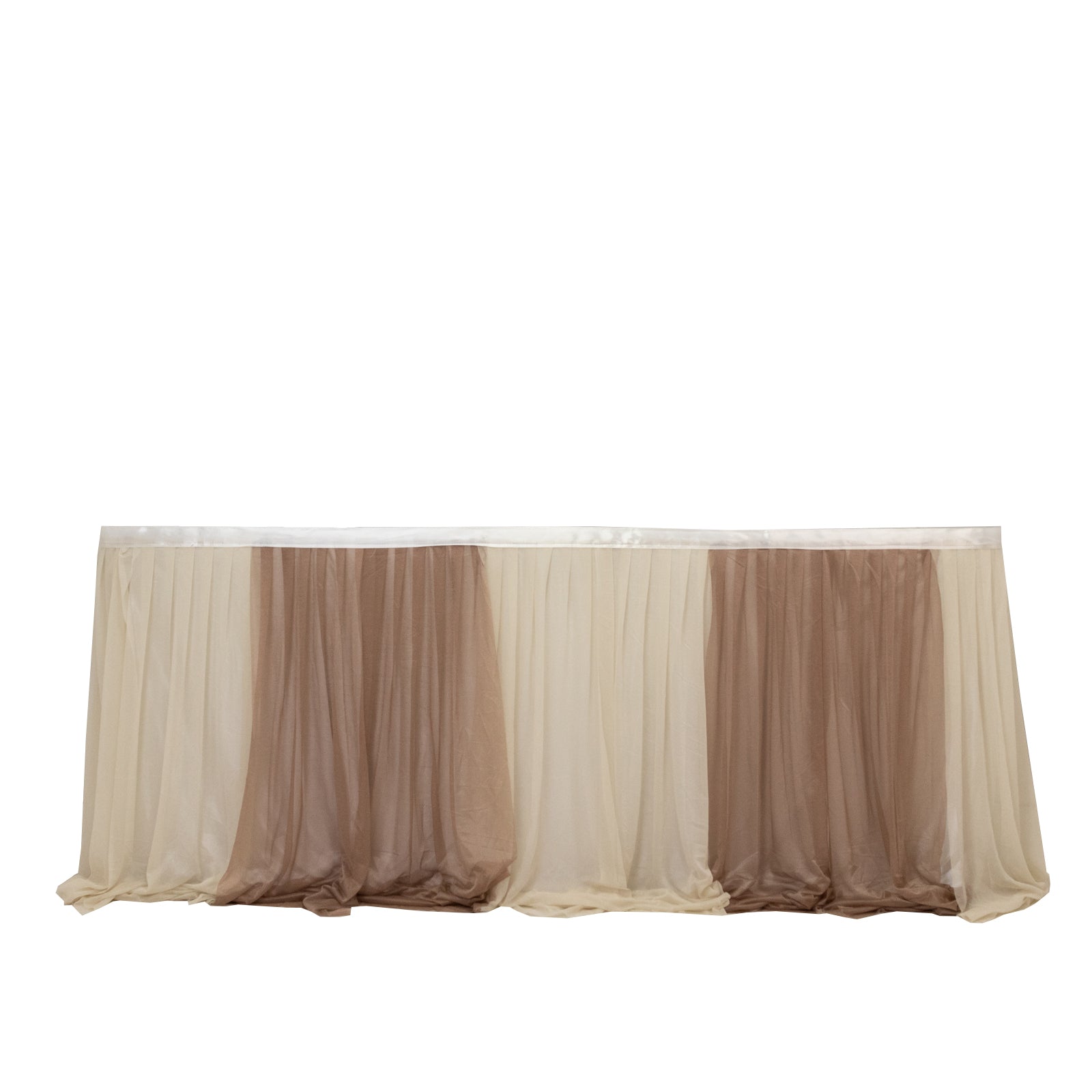 Beige sheer table skirt for elegant event decor and styling.