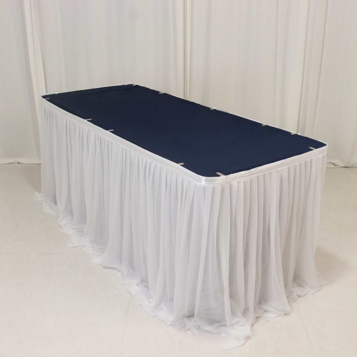 White table cover with navy blue top