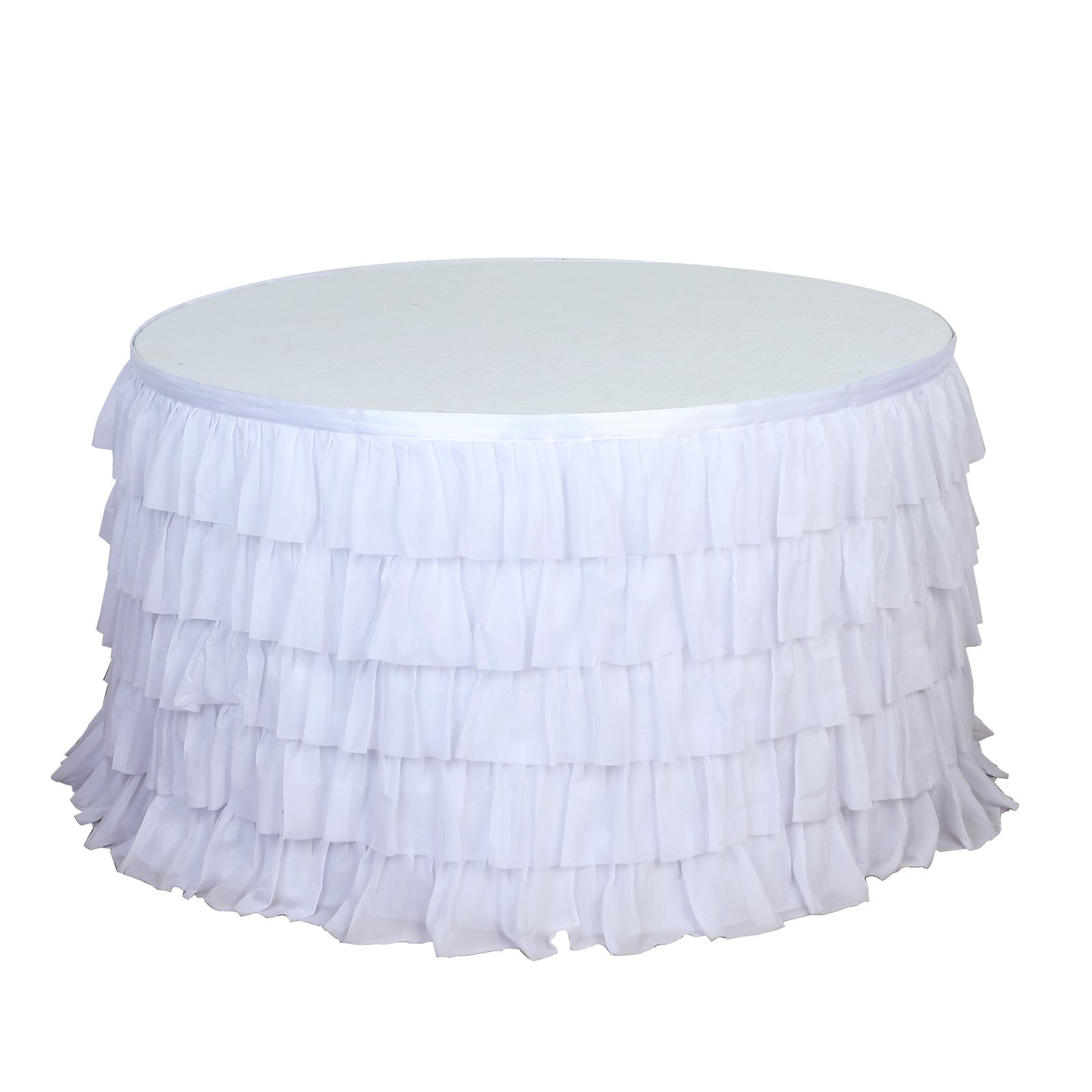 White ruffled table cover for elegant decor and events.