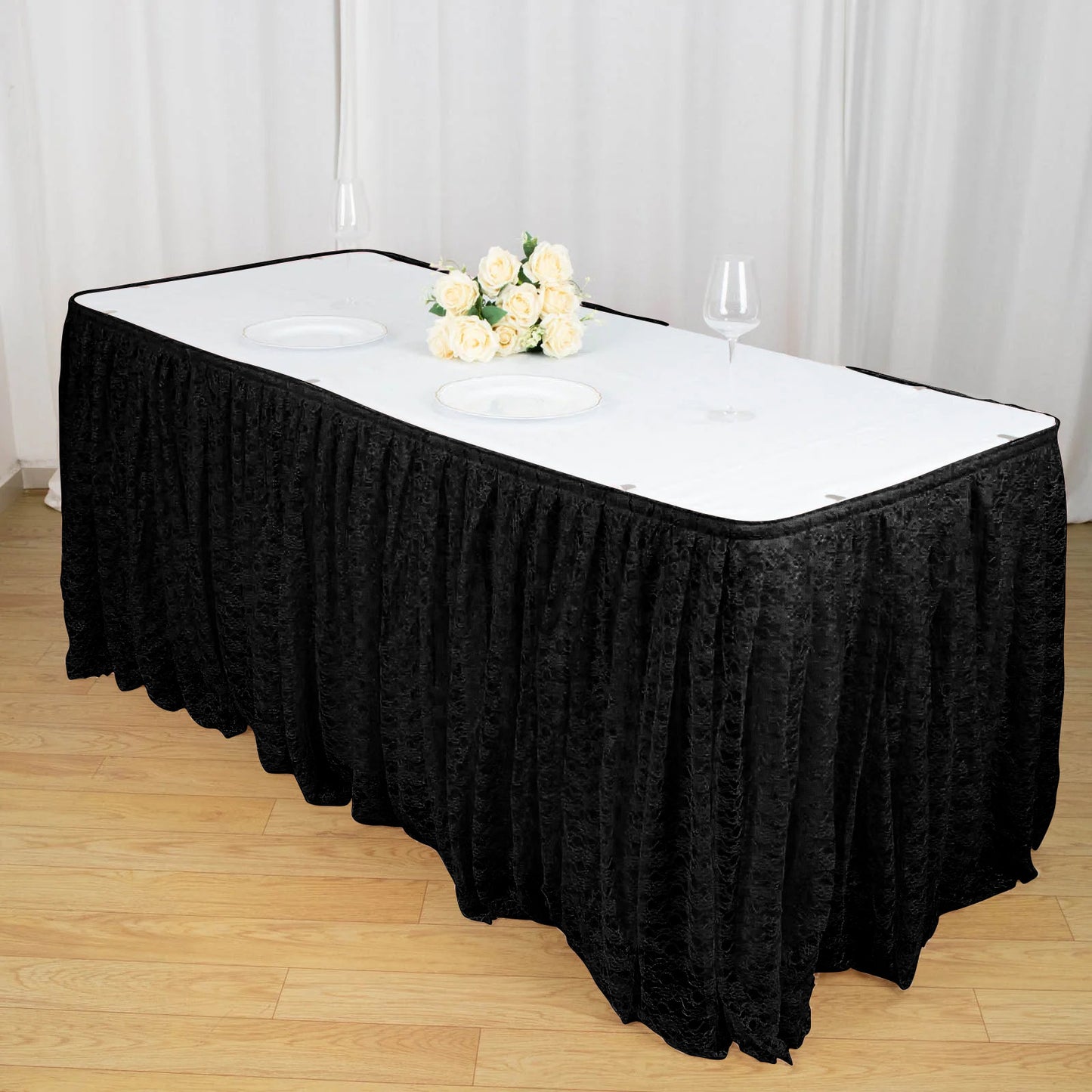 14FT Black Premium Pleated Lace Table Skirt