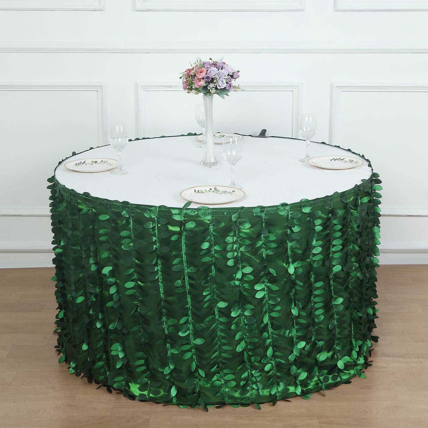 21ft green 3D leaf petal taffeta fabric table skirt on round table.