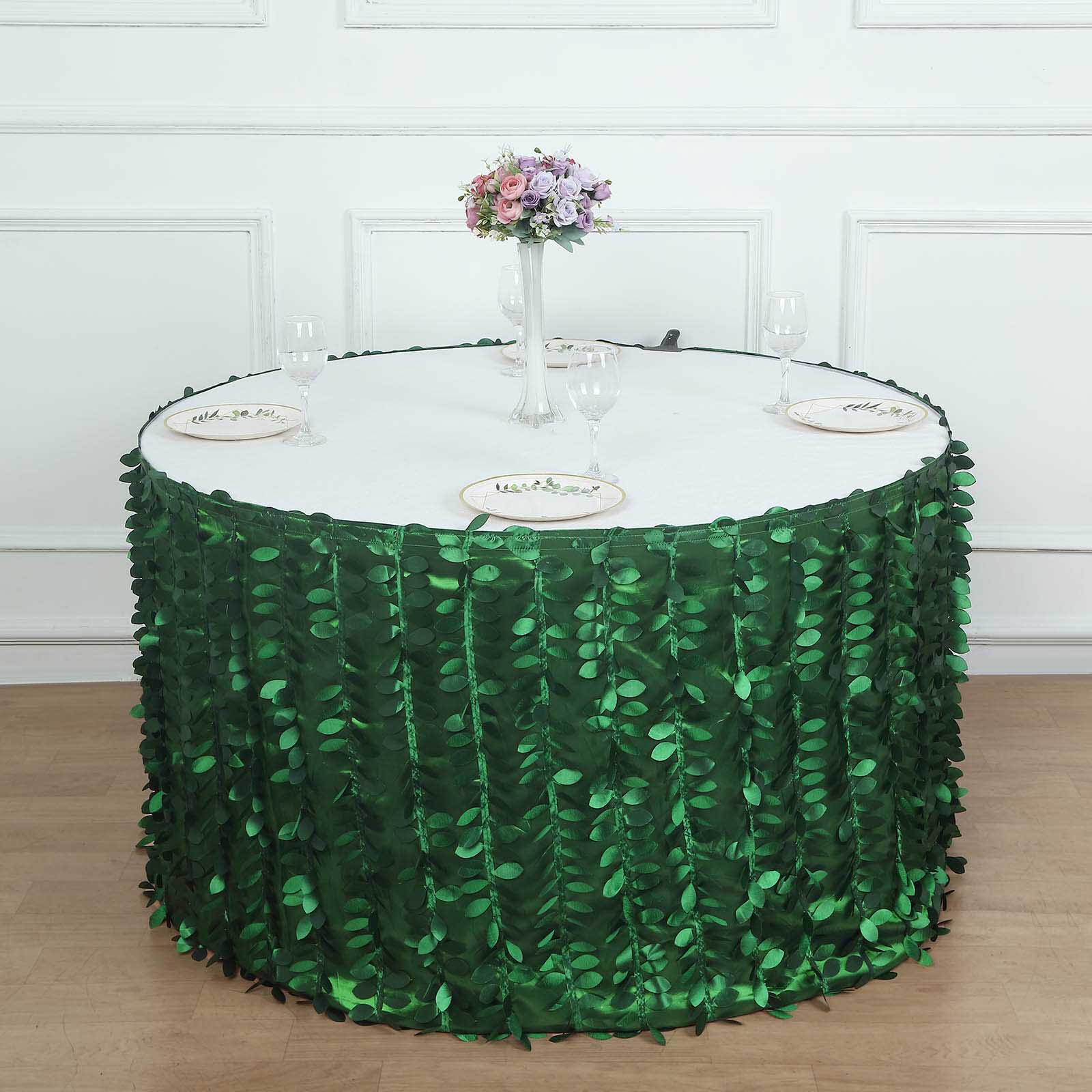 21ft green 3D leaf petal taffeta fabric table skirt on round table.