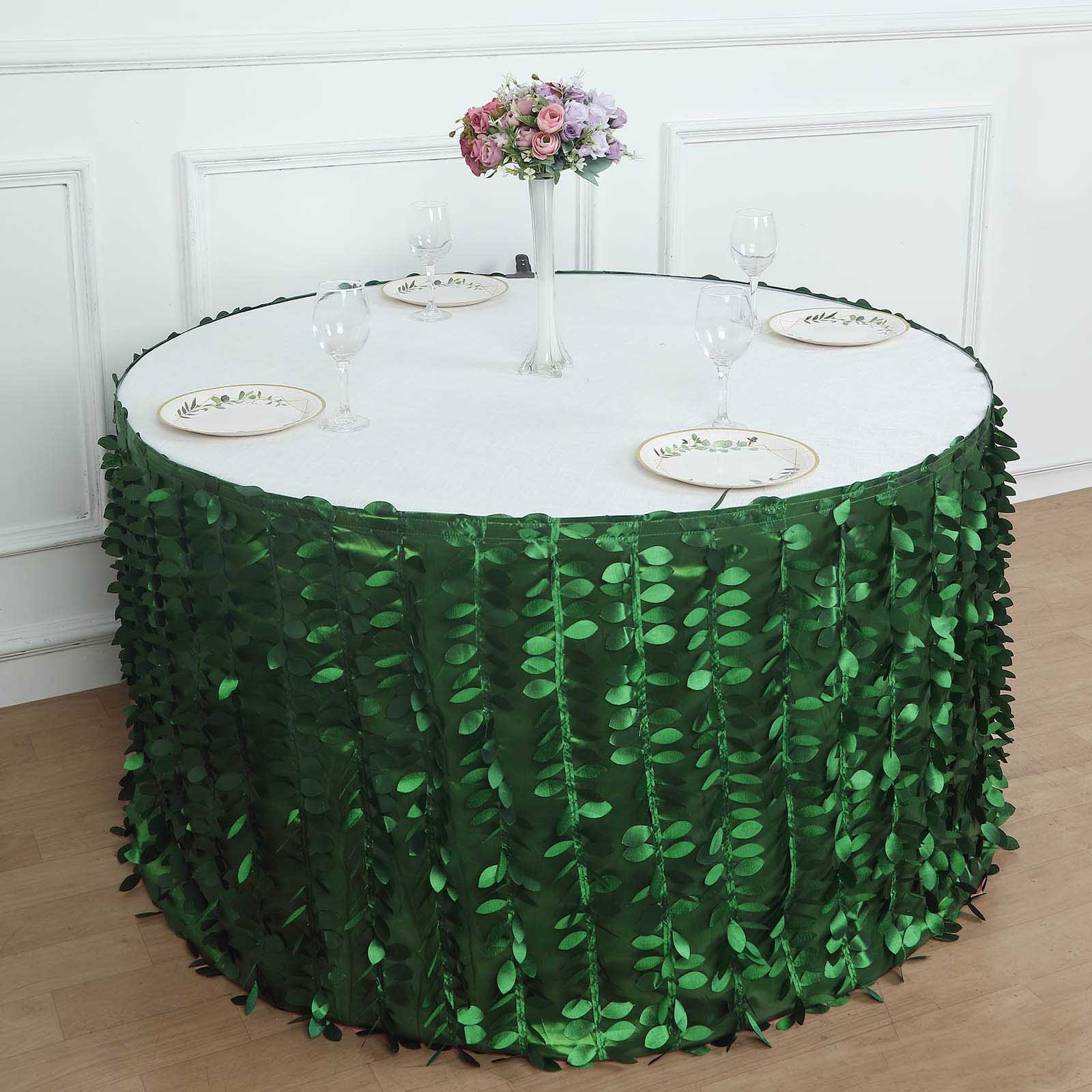 21ft green 3D leaf petal taffeta fabric table skirt on a round table.