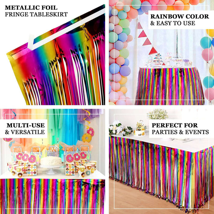 29"x 9FT Rainbow Metallic Tinsel Foil Fringe Table Skirt, Self Adhesive Party Table Skirt