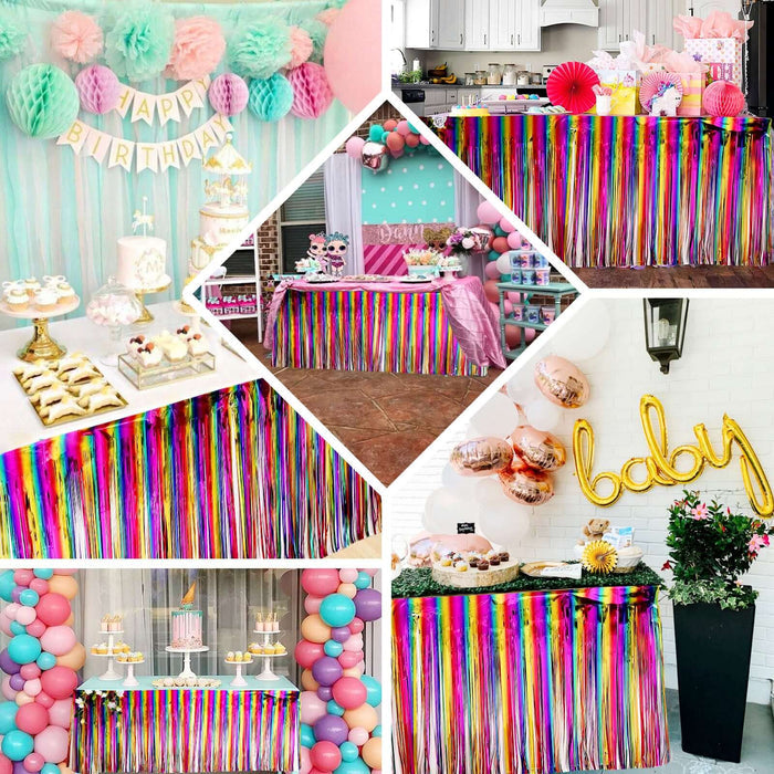 29"x 9FT Rainbow Metallic Tinsel Foil Fringe Table Skirt, Self Adhesive Party Table Skirt