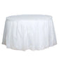 White ruffled plastic table skirts for events, 14ft long, durable and disposable.