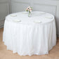 White ruffled plastic table skirt for events, 14ft, durable and disposable.