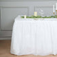 White ruffled plastic table skirt for events, 14ft long.