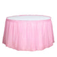 Pink ruffled disposable table skirts for events, 14ft long, durable and stylish.