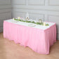 Pink ruffled disposable table skirts for events, 14ft long, pack of 5.