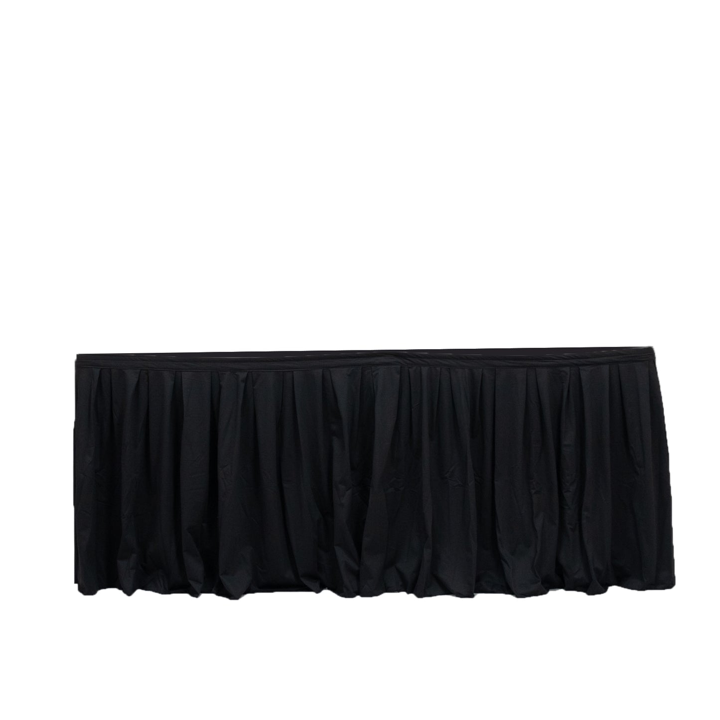 Black 17ft wrinkle-free and stain-resistant table skirt for events. #whtbkgd
