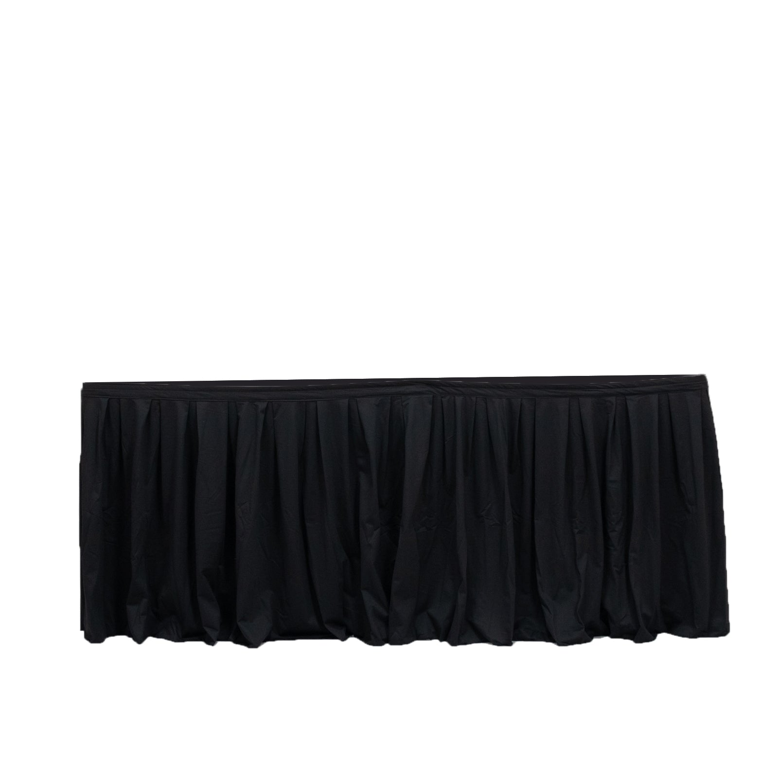 Black 17ft wrinkle-free and stain-resistant table skirt for events. #whtbkgd