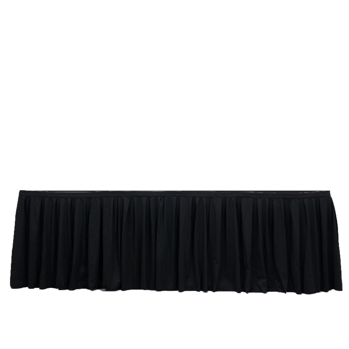 Black shirred pleat wrinkle-free event table skirt, 21ft long. #whtbkgd