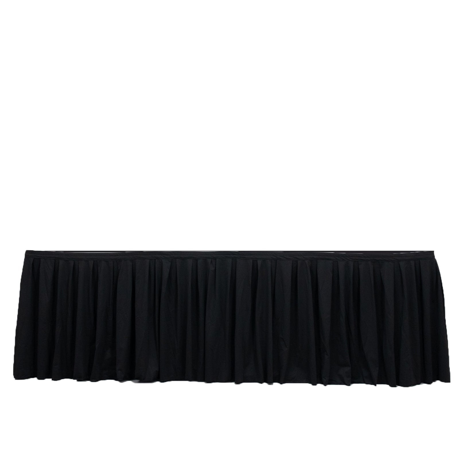 Black shirred pleat wrinkle-free event table skirt, 21ft long. #whtbkgd
