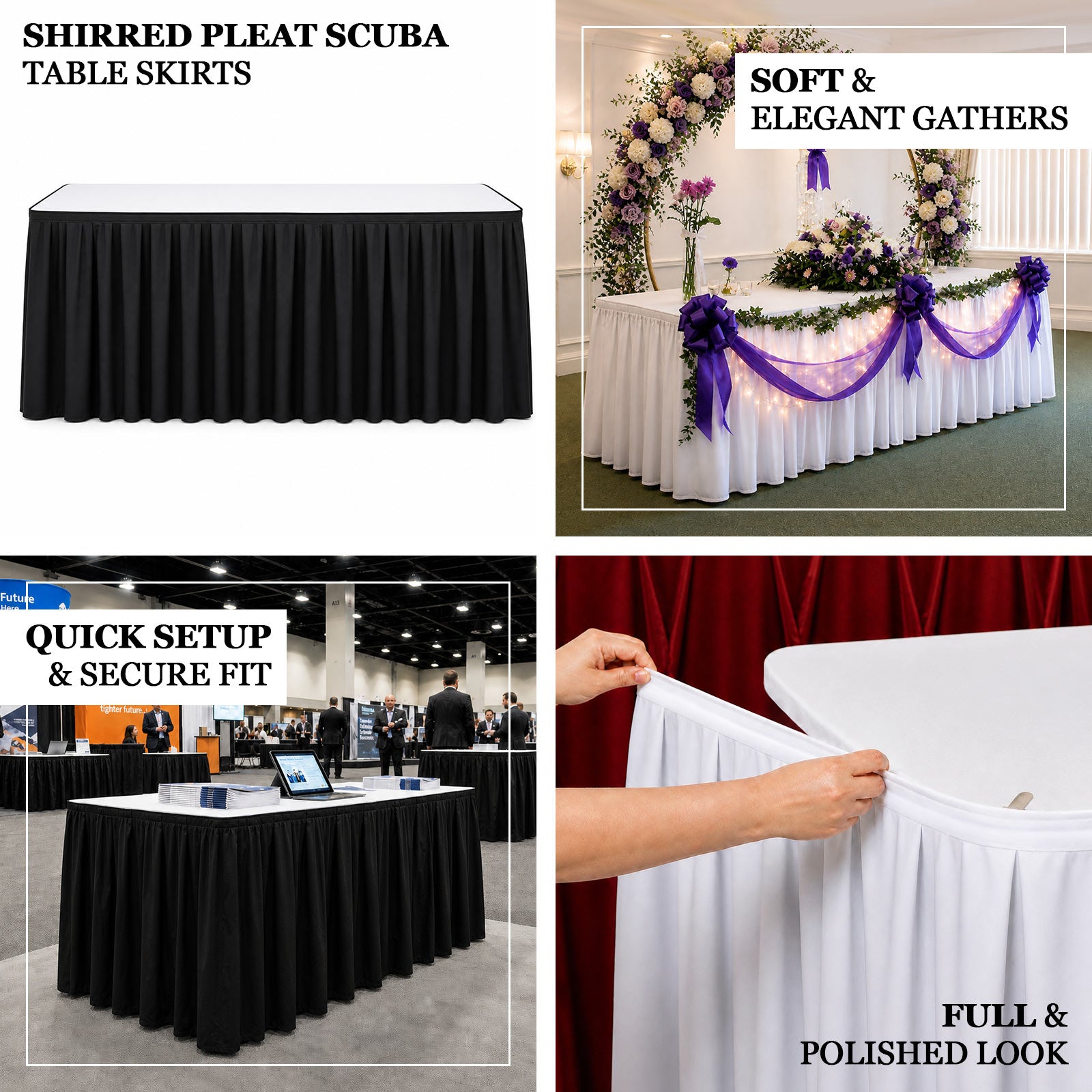 Shirred pleat scuba table skirt with soft gathered drape, designed for wedding tables, trade shows, 