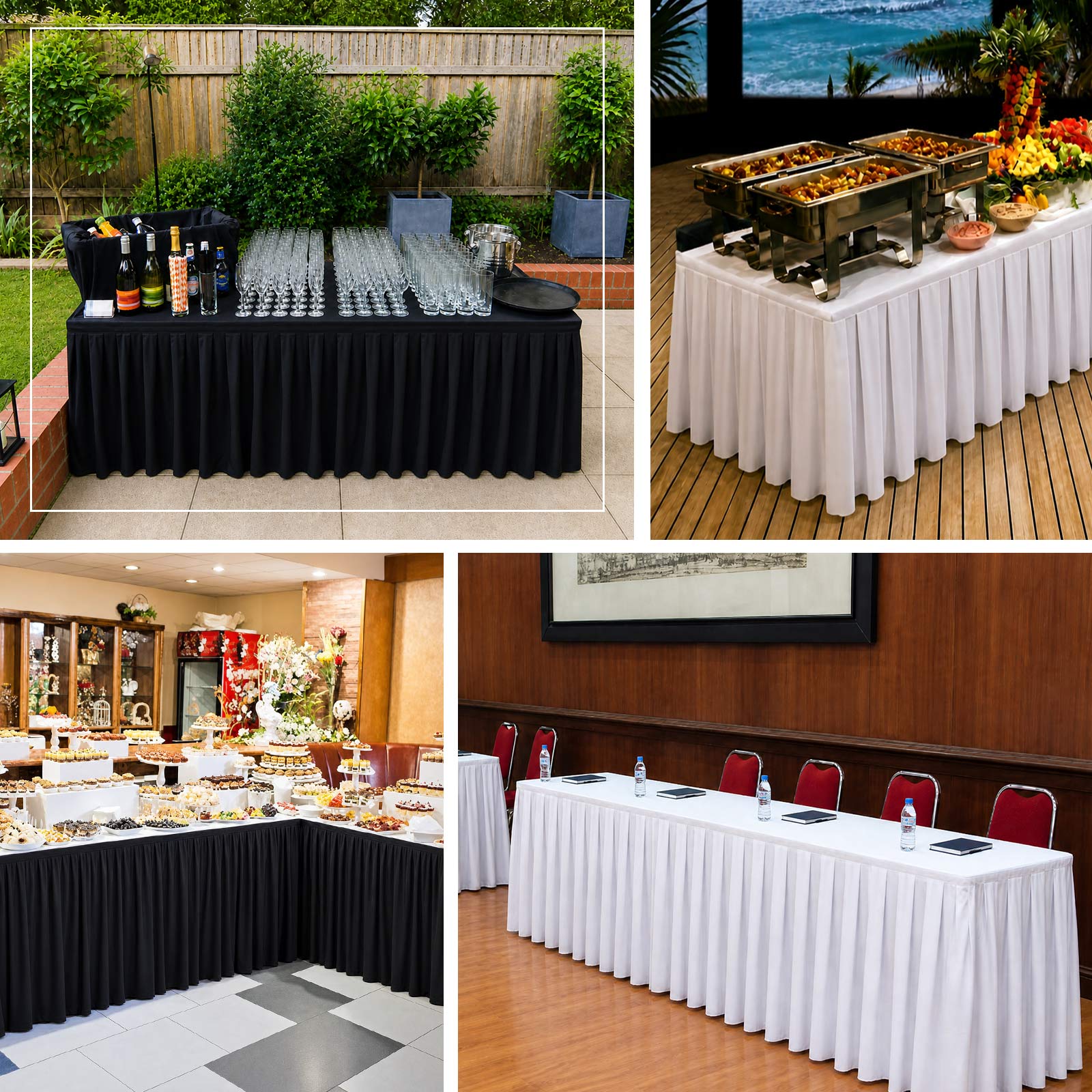 Scuba table skirts in black and white, styled on buffet, banquet, and conference tables for a polish