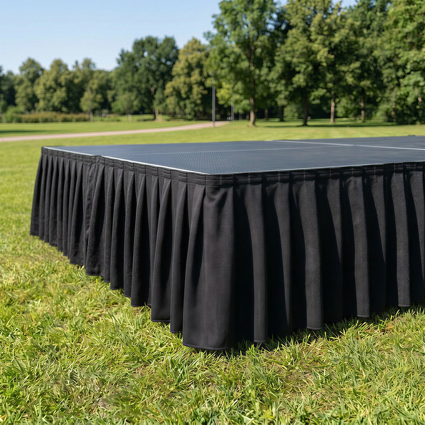 Portable Scuba Stage Skirt Black Shirred Pleated Stage Cover for Wedding & Event Platforms - Wrinkle