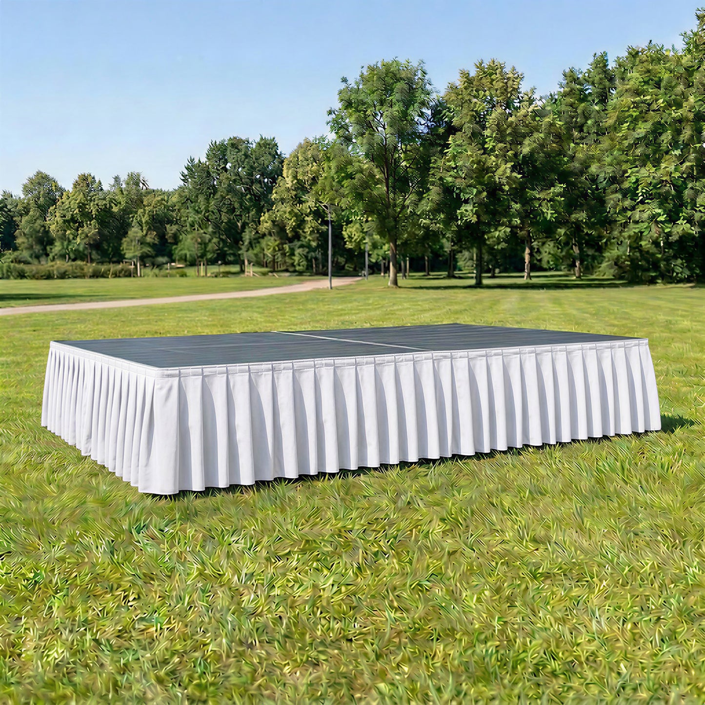 Portable Scuba Stage Skirt White Shirred Pleated Stage Cover for Wedding & Event Platforms - Wrinkle
