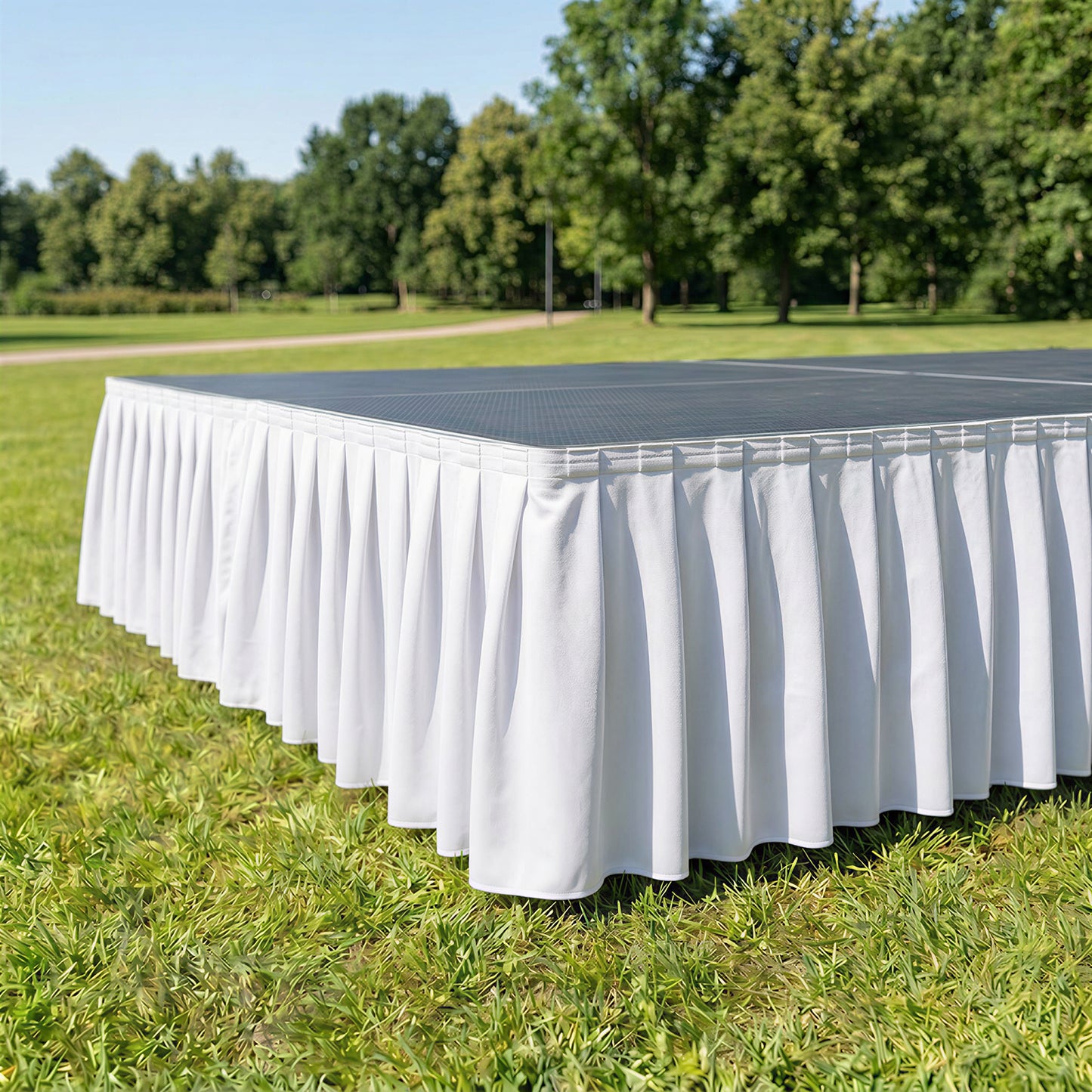 Portable Scuba Stage Skirt White Shirred Pleated Stage Cover for Wedding & Event Platforms - Wrinkle