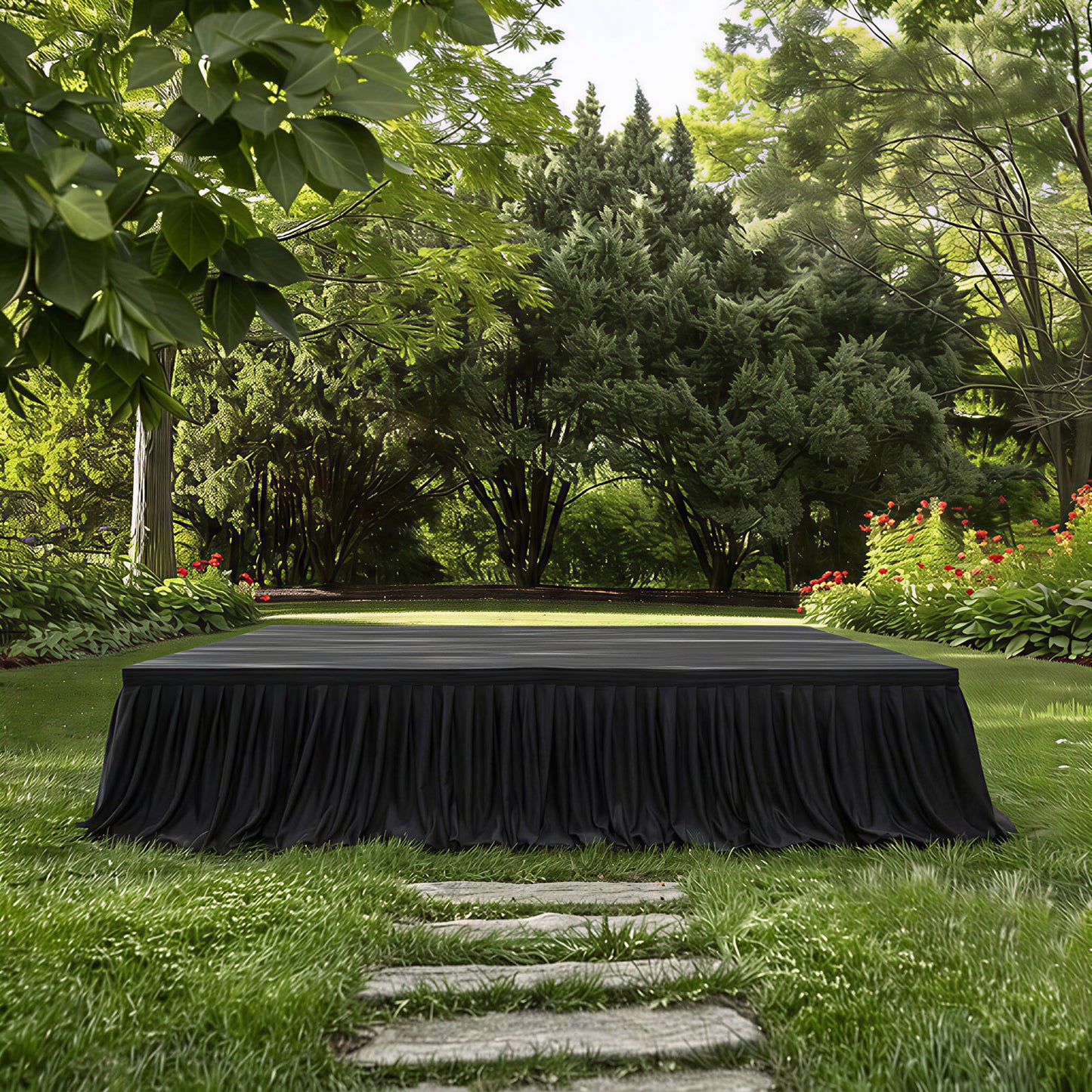Portable Scuba Stage Skirt Black Shirred Pleated Stage Cover for Wedding & Event Platforms - Wrinkle