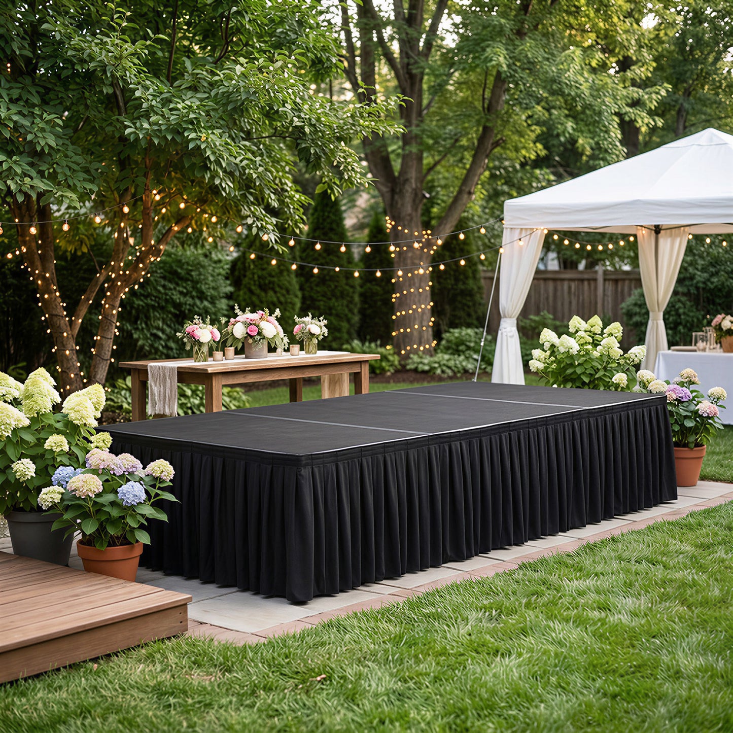 Portable Scuba Stage Skirt Black Shirred Pleated Stage Cover for Wedding & Event Platforms - Wrinkle