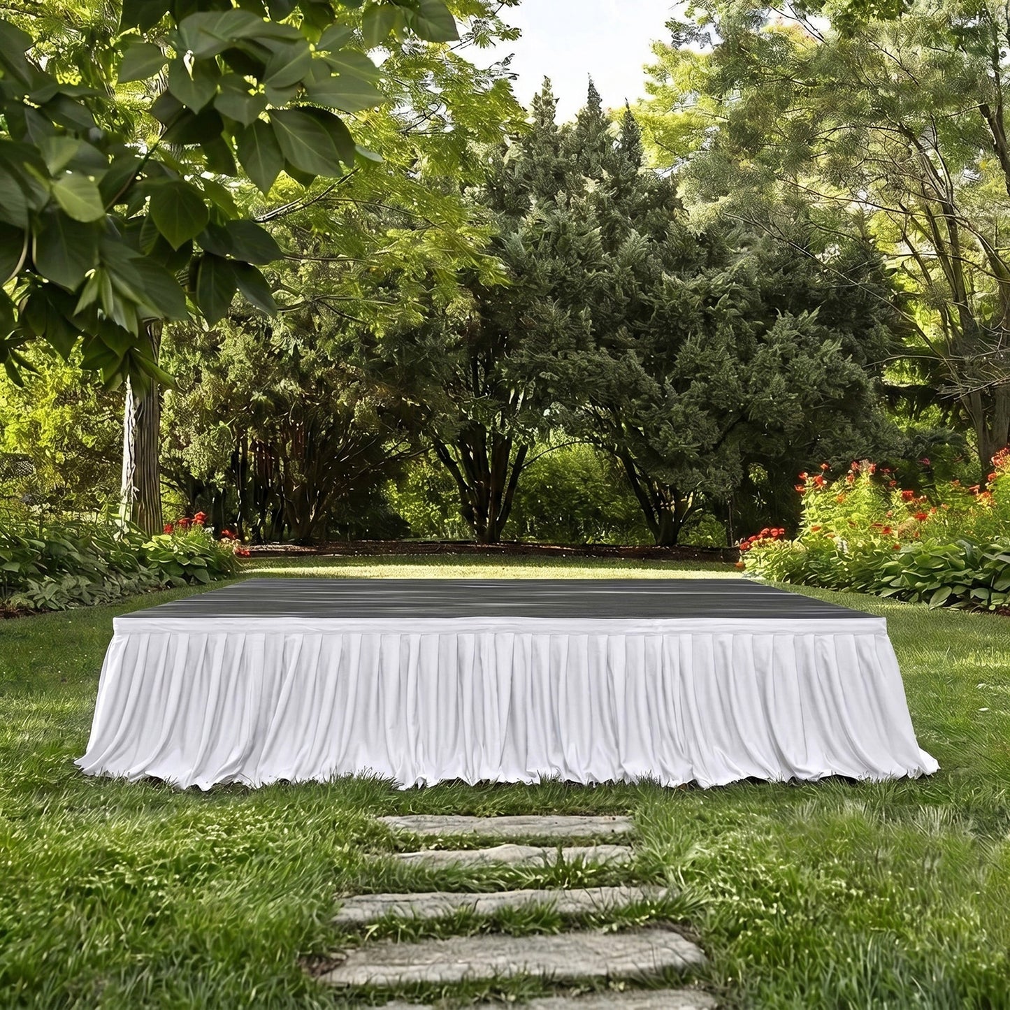 Portable Scuba Stage Skirt White Shirred Pleated Stage Cover for Wedding & Event Platforms - Wrinkle