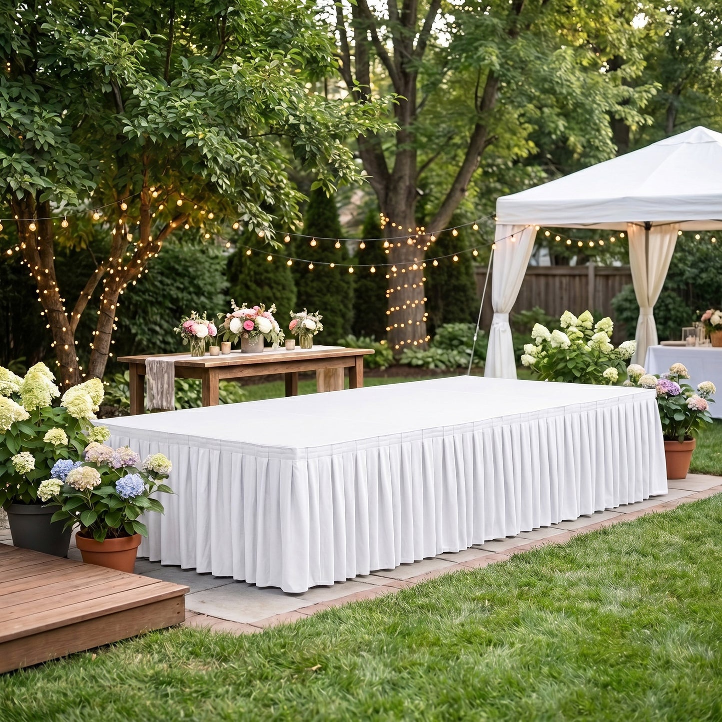 Portable Scuba Stage Skirt White Shirred Pleated Stage Cover for Wedding & Event Platforms - Wrinkle