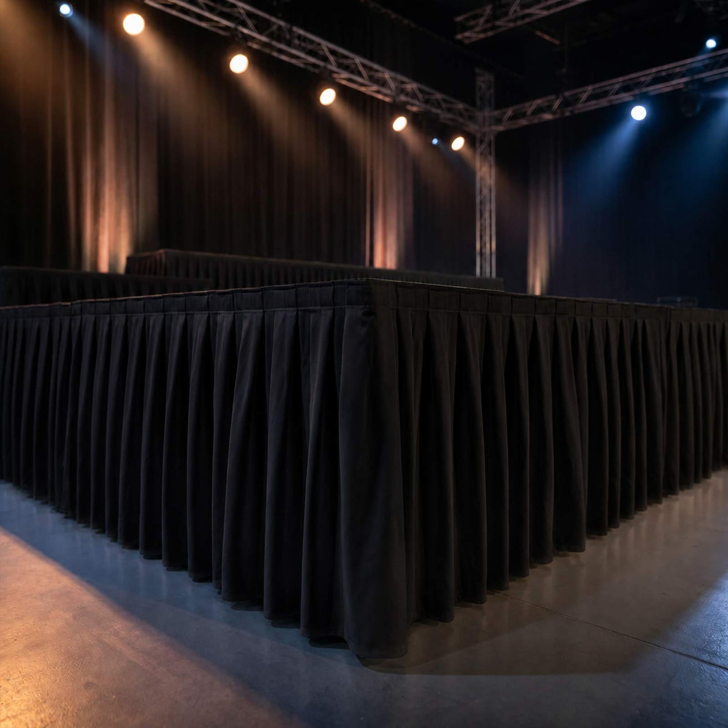 Portable Scuba Stage Skirt Black Shirred Pleated Stage Cover for Wedding & Event Platforms - Wrinkle