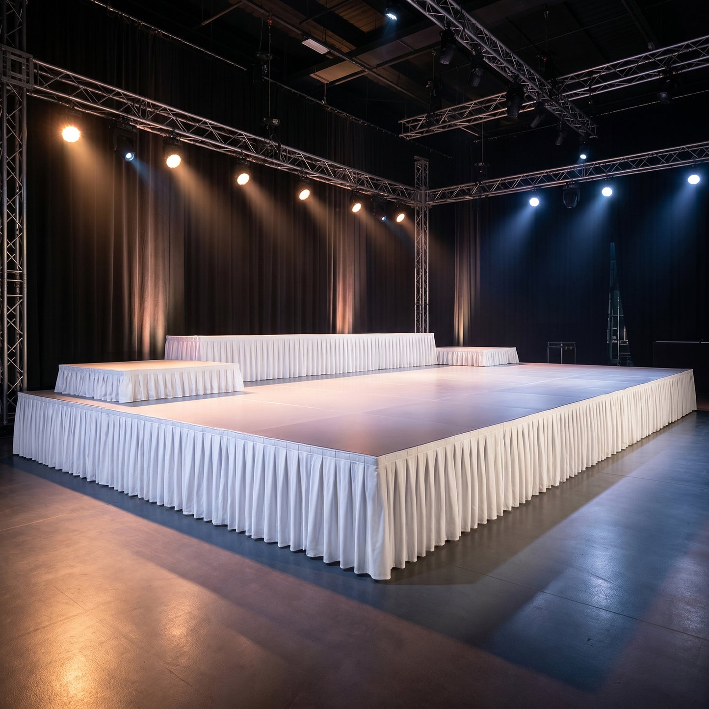 Portable Scuba Stage Skirt White Shirred Pleated Stage Cover for Wedding & Event Platforms - Wrinkle