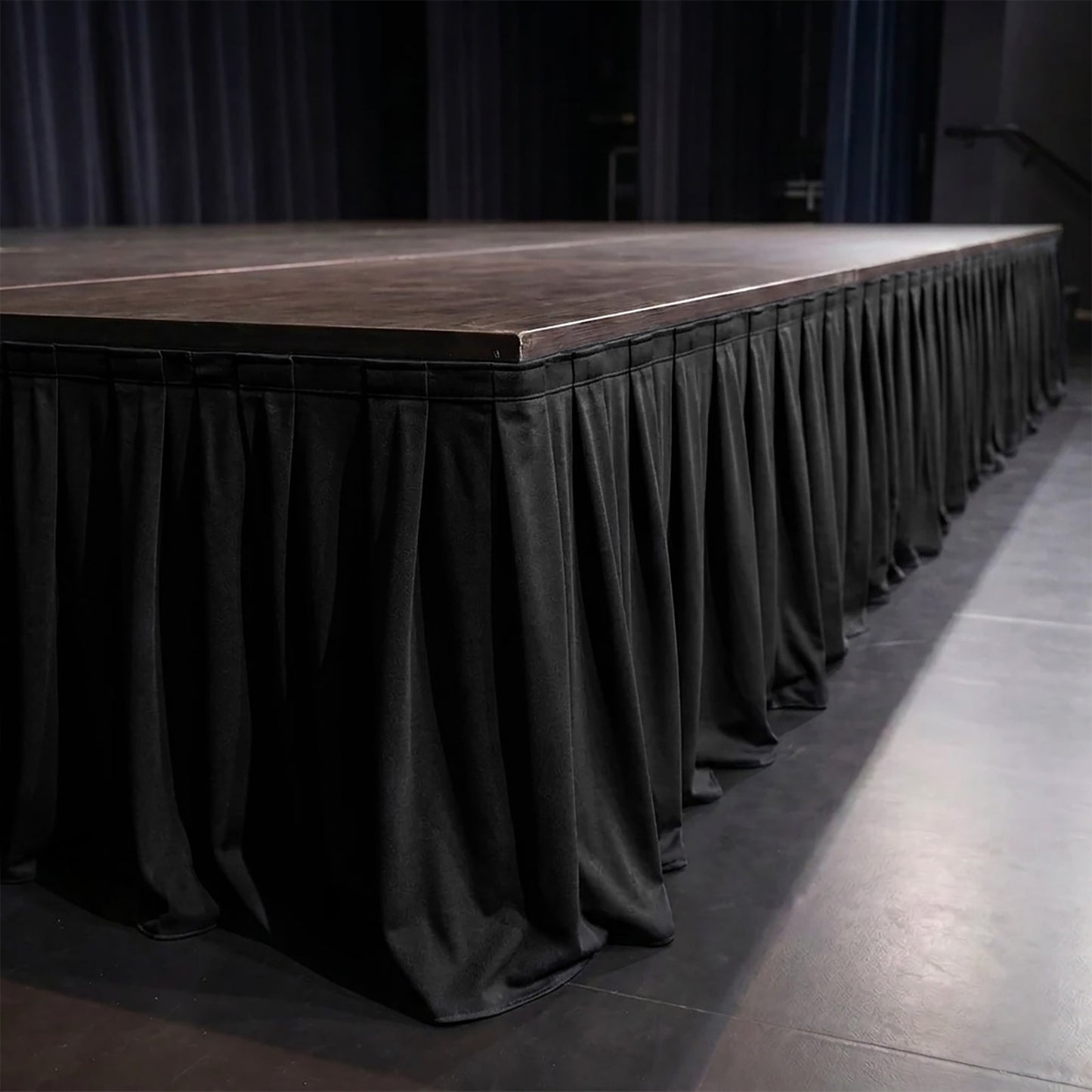 Portable Scuba Stage Skirt Black Shirred Pleated Stage Cover for Wedding & Event Platforms - Wrinkle