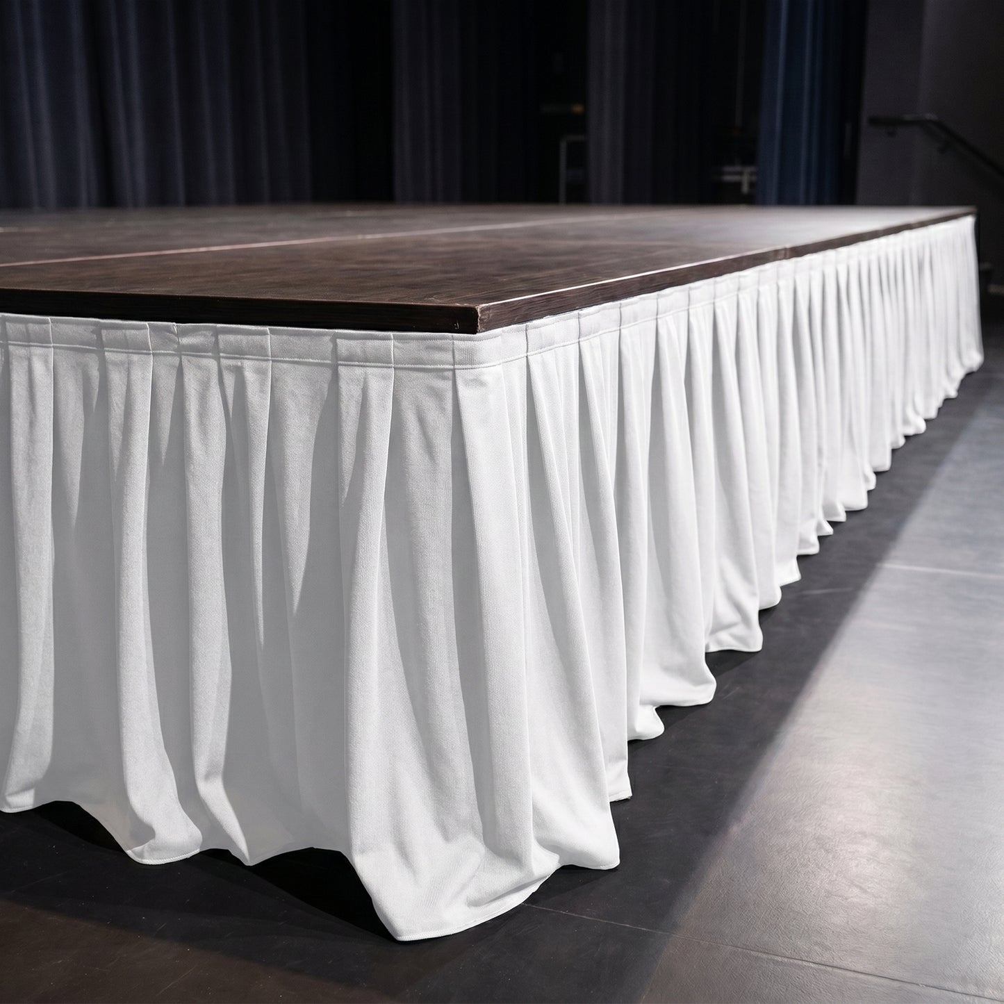 Portable Scuba Stage Skirt White Shirred Pleated Stage Cover for Wedding & Event Platforms - Wrinkle
