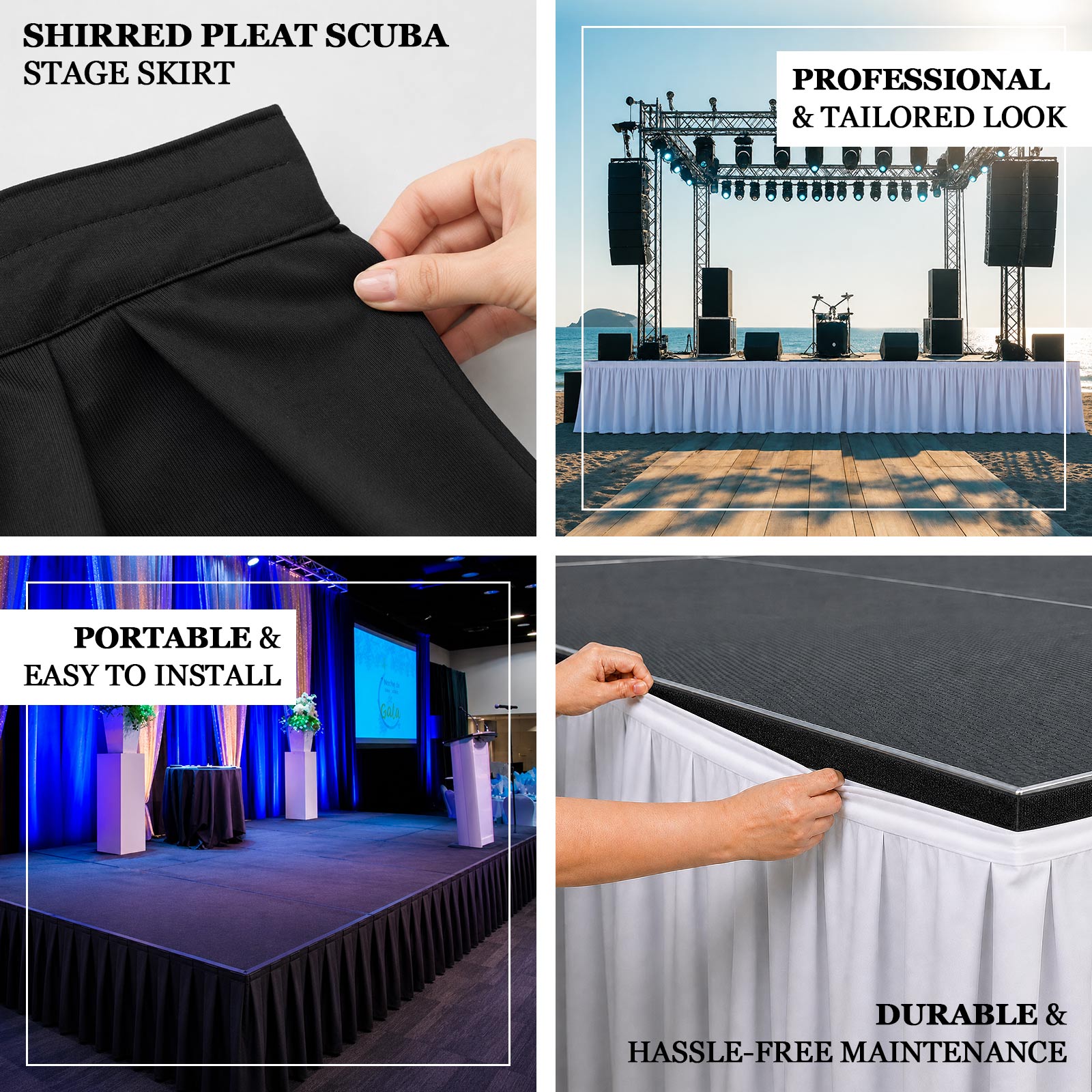 Reusable portable stage skirting designed for quick setup at weddings, conferences, performances, an
